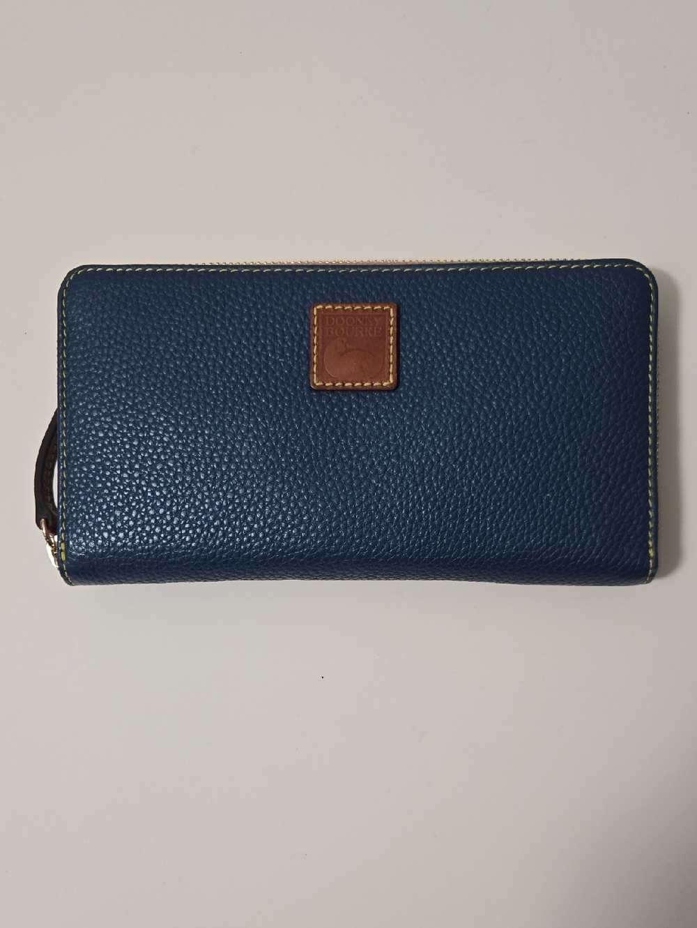 Dooney & Bourke Blue Pebbled Leather Zip Wallet with Tan Patch
